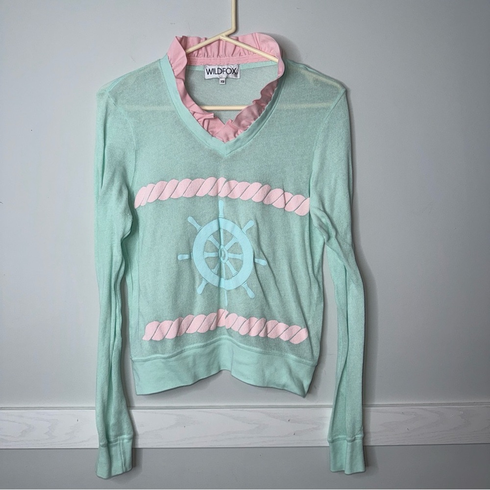 Wildfox Mint Green and Pink Ruffle V-Neck Lightweight LS Sweater